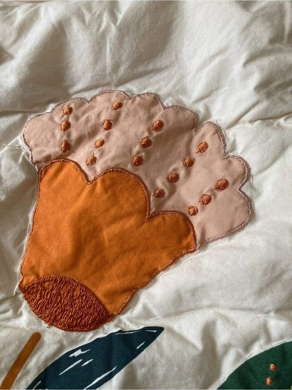 Crate & Barrel Cream Quilted Pillow Sham with Orange Floral Appliqué Standard